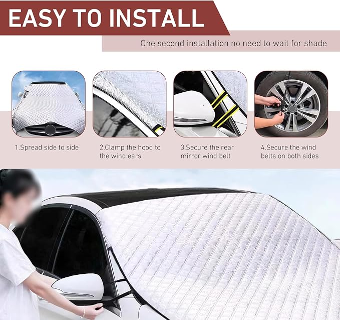 Universal Foldable Half Car Cover, Windproof Windshield Sunshade with Cotton Liner, Heavy-Duty All-Season Protection for Snow, Hail, Scratch & UV (Silver)