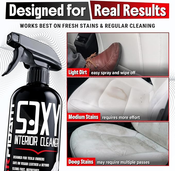 Tesla Interior Cleaner - White Seat & Stain Remover for Model 3, Y, X, S - Safe on Vegan Leather - Removes Dirt, Oils & Light Stains - No Residue - Light Citrus Scent - 16oz Kit
