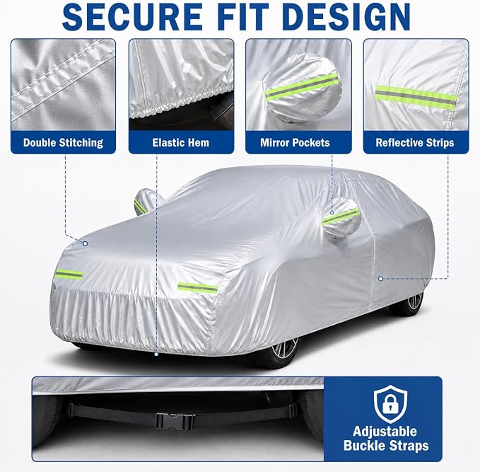 5-Layer Heavy Duty Car Cover for Sedans (185"L x 74"W x 60"H) | Waterproof Vinyl Outer,All-Weather Outdoor Indoor | Windproof Straps, Mirror Pockets, Door Zipper | UV Snow Rain Dust Protection