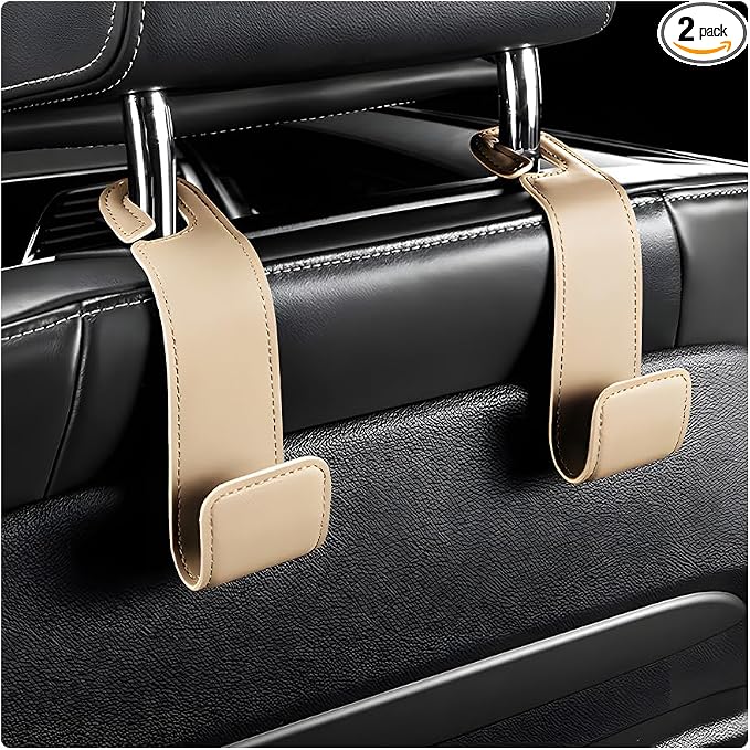 2 PCS Car Seat Headrest Hooks, Microfiber Leather Hanger Holder Hook for Hanging Purse and Bag, Universal Vehicle Back Seat Organizer Hook for Grocery Bag Handbag Coat (Beige)