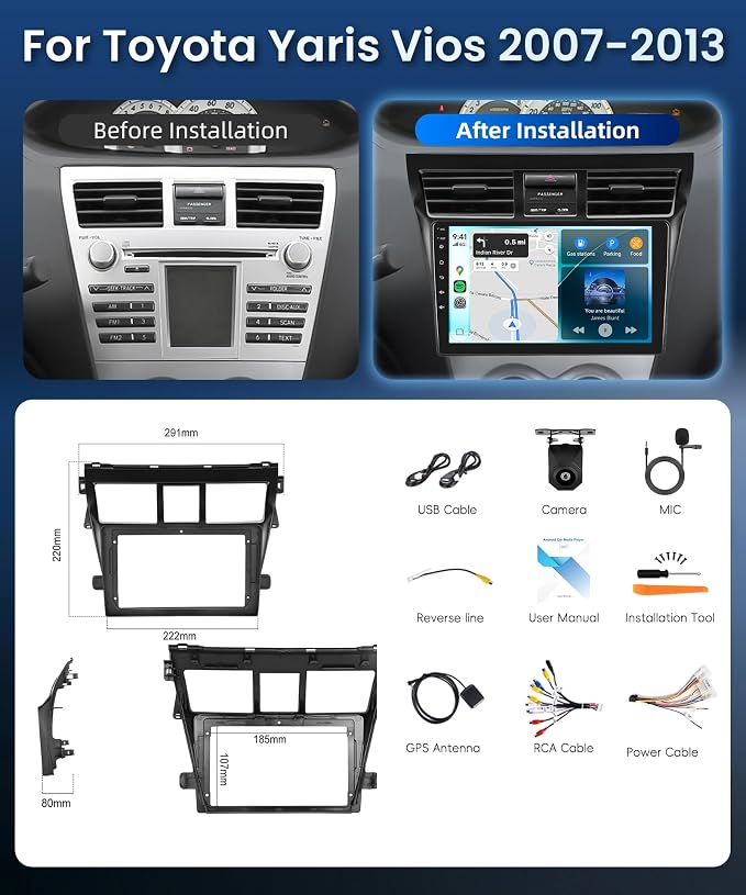 9 Inch Car Stereo for Toyota Yaris Vios 2007-2013, Wireless CarPlay Android Auto MP5 Player with IPS Touchscreen Bluetooth FM/RDS DSP Vi-Link You-Tube Mirror Link, Backup Camera SWC