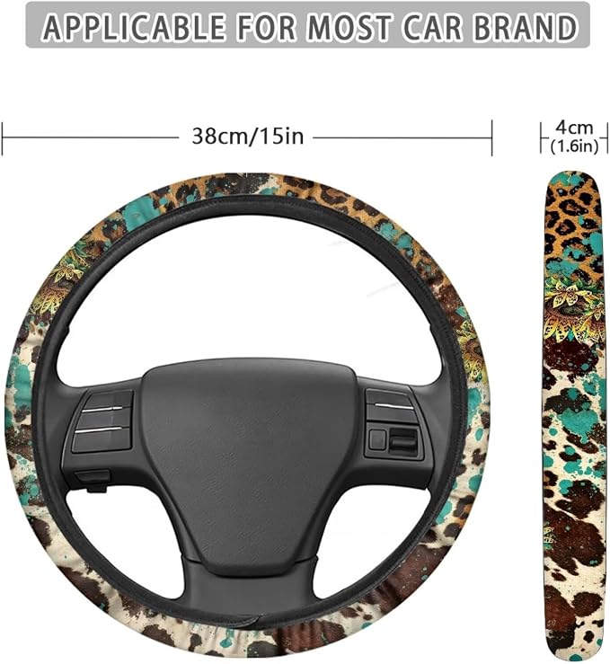 Universal Steering Wheel Cover with Elastic Edge for Women 14-15 in | Leopard Print Sunflower, Breathable Steering Wheel Protector for Cars Interior Accessories