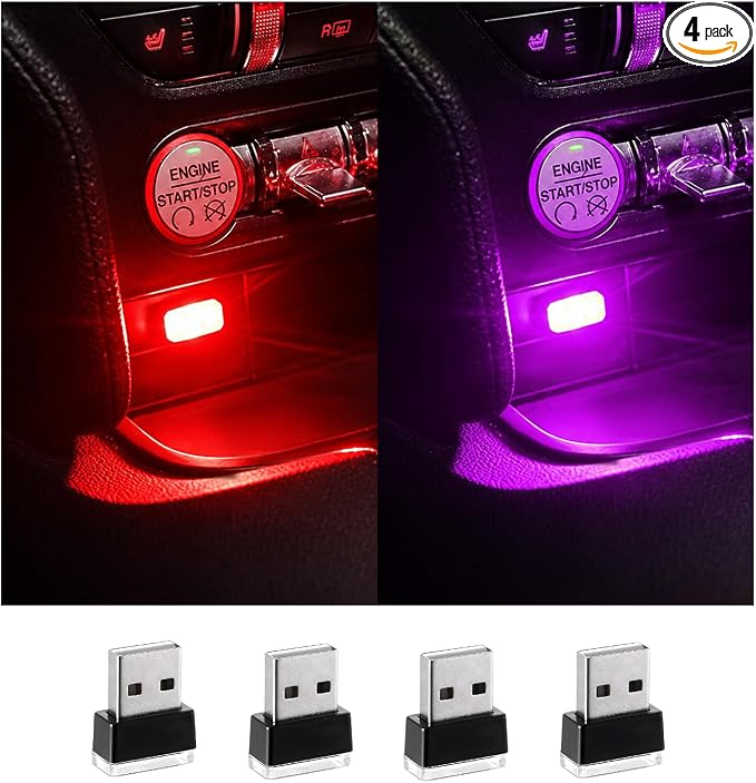 4 PCS USB LED Car Interior Atmosphere Lamp, Plug-in USB Decor Night Light, Portable Auto Ambient Lighting Kit, Universal Vehicle Interior Accessories for Most Cars (2 Red+2 Purple)