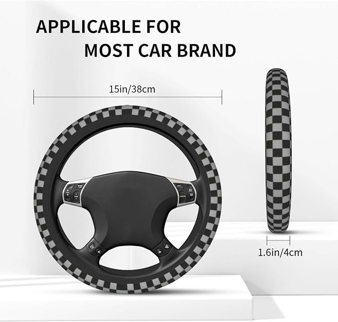 Black Gray Checkerboard Steering Wheel Cover 15 Inch Gray Checkerboard Steering Wheel Cover Anti-Slip Breathable Universal 2 Pcs Car Interior Cup Holder Pad for Men Women