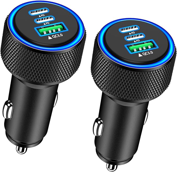 USB C Car Charger, 2Pack 3-Port 67W Dual PD USB-C&USB-A Car Power Cigarette Lighter USB Charger 3 in 1 PD/QC Type C Fast Car Charge for iPhone 17 17 Pro Max 16 15 14 13 12/Galaxy S26 S25/Pixel