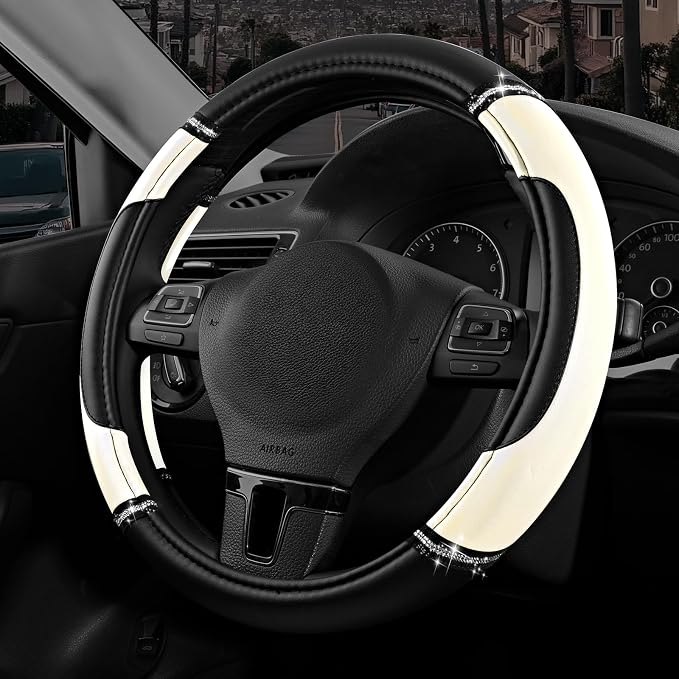 Leather Steering Wheel Cover - Made with PVC Leather - Anti-Slip, Universal Fit 14 1/2 inches to 15 inches - White