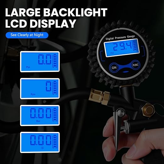Digital Tire Gauge with Inflator & Deflator - LED Display & 0.1 PSI Resolution - Quick Release Valve & Heavy Duty Chuck - w/Adapter for Car, Truck, SUV, Motorcycle, RV, Balls