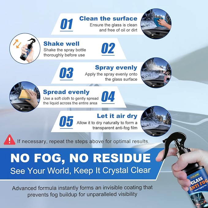 Anti-Fog Spray for Glass Car Windshield Defogger Prevents Fogging of Interior Glass, Mirrors, Windows, Shower Door with Defogging & Cleaning Sponge, Towel 4oz/120ml