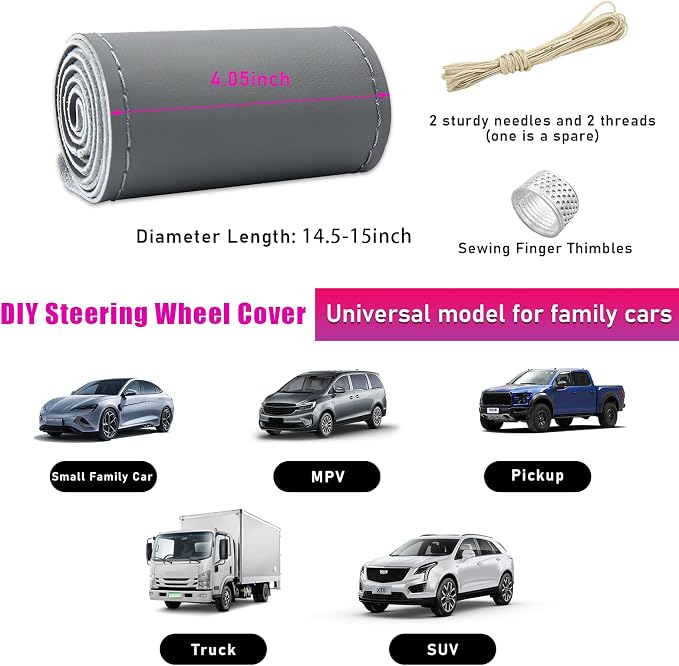 Genuine Leather Steering Wheel Cover, Stitch on Wrap, Breathable Anti-Slip Car Steering Wheel Protector for Max Diameter 15 Inch, DIY Sewing with Needles Thread (Gray, Glossy)