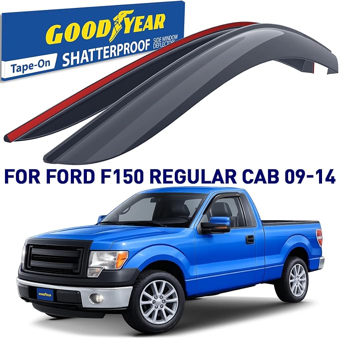 Goodyear Shatterproof Window Deflectors for Ford F150 2009-2014 Regular Cab, Tape-on Rain Guards, Window Visors, Vent Deflector, Vent Visor, Truck Accessories, 2 pcs - GY008940