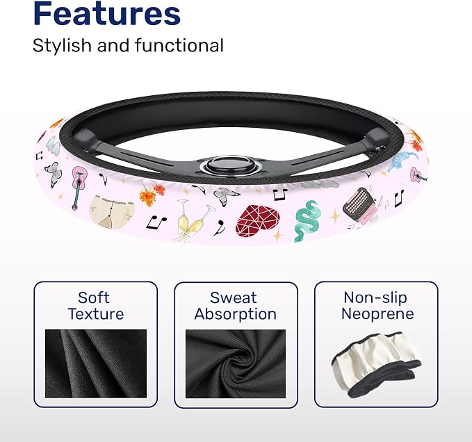 Pastel Music Icon Steering Wheel Cover, Polyester Non-Slip Car Wheel Grip, Universal 15 Inch Auto Accessory