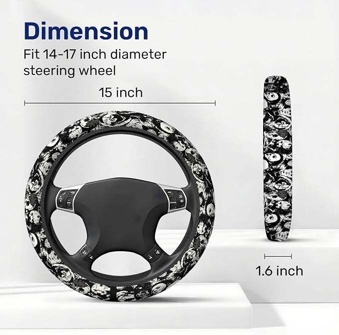 Black White Horror Steering Wheel Cover, Polyester Non-Slip Car Wheel Grip, Universal 15 Inch Auto Accessory