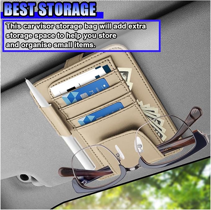 Leather Car Sun Visor Organizer, Multifunctional Auto Visor Document Holder with Sunglasses Clip, Universal Vehicle Interior Pocket Storage Accessories for Drving License, Card, Pen (Beige)