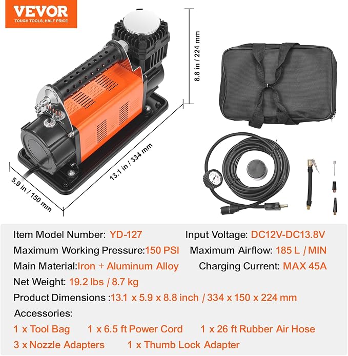 12V Portable Tire Inflator, 7.06CFM Heavy Duty Air Compressor, 150PSI Offroad Air Pump with Adapters for Car SUV RV Truck - Include 6.5FT Power Cord, 26FT Air Hose with Pressure Gauge, Carry Bag