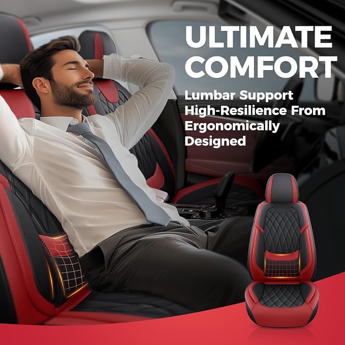 Front Seat Covers for Cars - Ultra Breathable Waterproof Faux Leather Car Seat Cover Protectors with Lumbar Support, Universal Fit for Most 5 Seats Vehicles Sedans Hatchbacks Pickup, Black Red