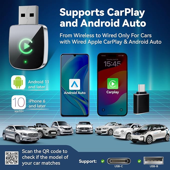 Mini Wireless CarPlay Adapter for iPhone,2 in 1 for Apple Carplay and Android Auto Adapter,Convert Wired to Wireless, Plug & Play, USB to USB-C/Type-C, Stable Control & No Delay, Black
