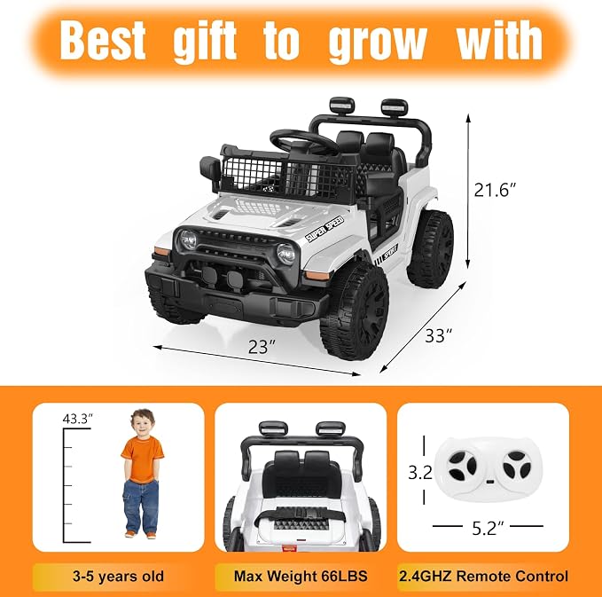 12V Ride on Toys with Parent Remote Control, Toddler Electric Car with Spring Suspension, LED Lights & Music Player - Safe Battery Car for Kids, Easy to Assemble, White