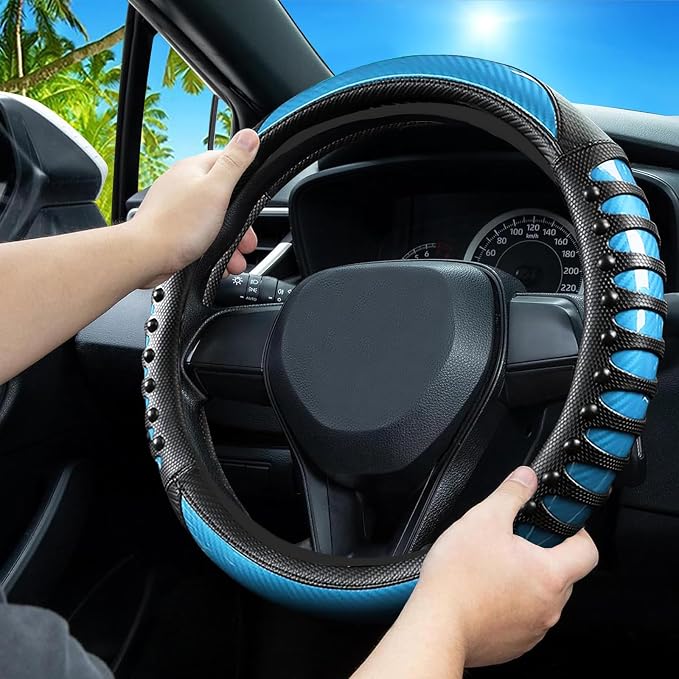 Car Leather Steering Wheel Cover - Carbon Fibre Material, Universal 14.5-15 Inch Leather Anti-Slip Breathable Auto Steering Wheel Covers for Men Women (3D Massage - Sky Blue)