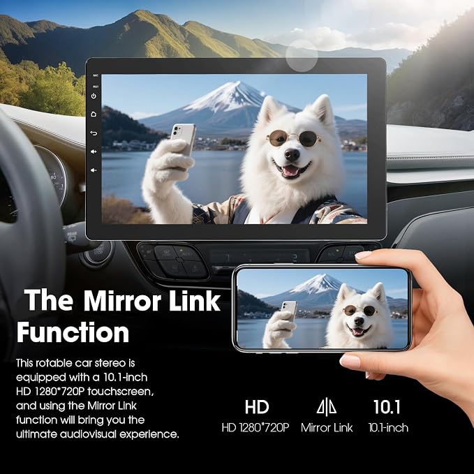10.1 inch Single Din Car Stereo, Rotatable Touch Screen Radio with Wireless Apple CarPlay & Android Auto, Backup Camera, Mirror Link, SWC, GPS, Voice Control, Bluetooth, WiFi