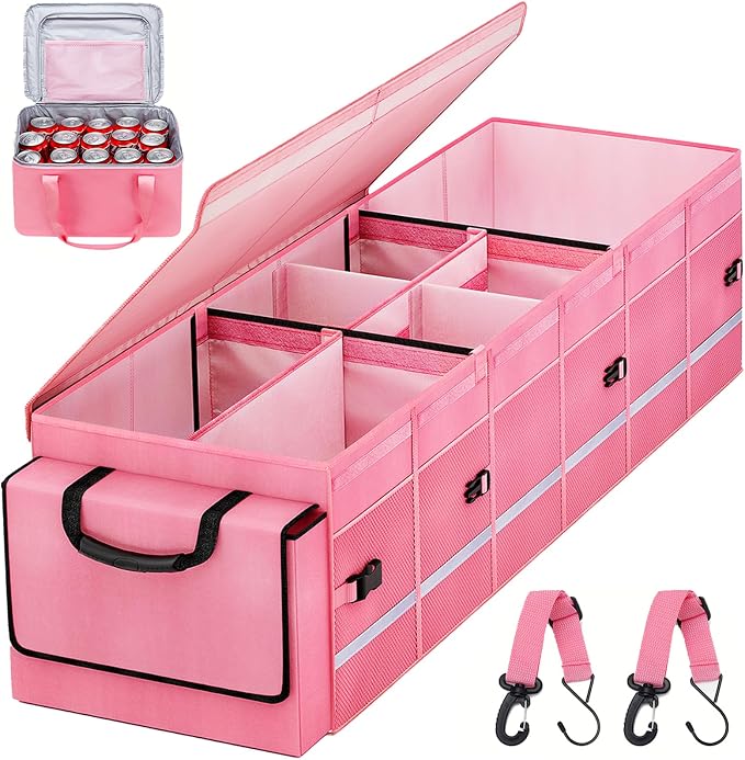 Car Trunk Organizer and Storage with Lid & Removable Cooler Bag, Car Accessories 6 Removable Dividers for Custom Space, Collapsible Trunk Organizers Interior for SUV & Sedan, Large