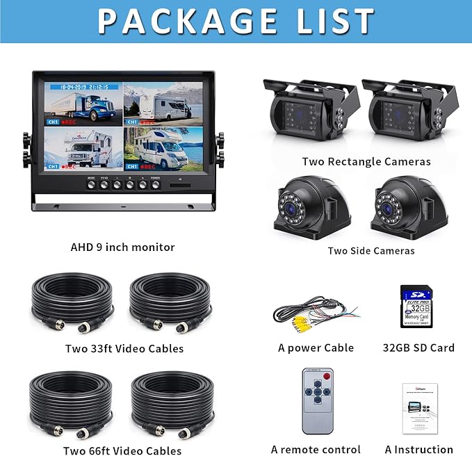 1080P Wired Backup Camera System Kit,9" HD DVR Monitor with IP69 Waterproof Reverse/Side View Camera for RV Truck/Semi Box Truck/Trailer A9
