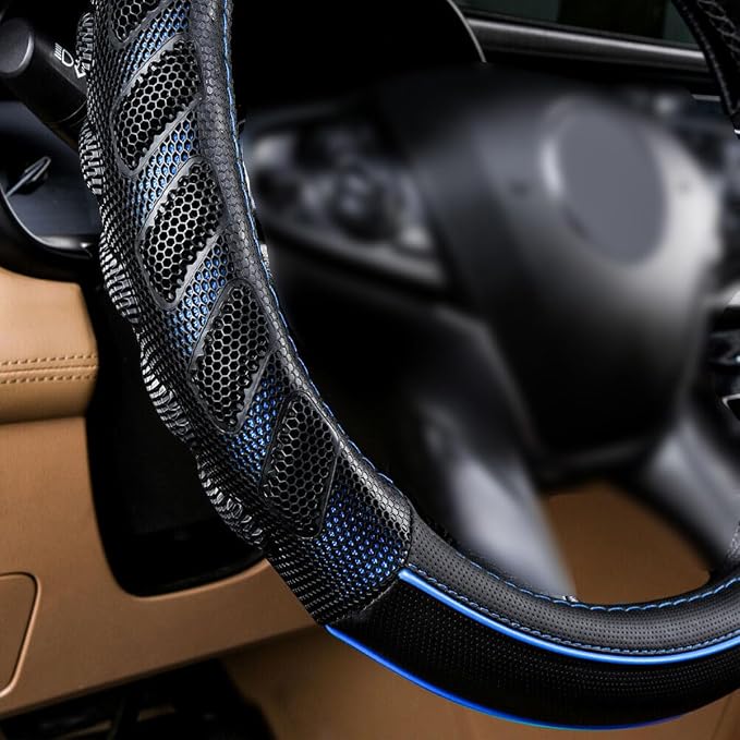 car Steering Wheel Cover Faux Leather Massage Universal fit 3D Honeycomb Hole Anti-Slip Sporty 15 Inches (Blue Black)