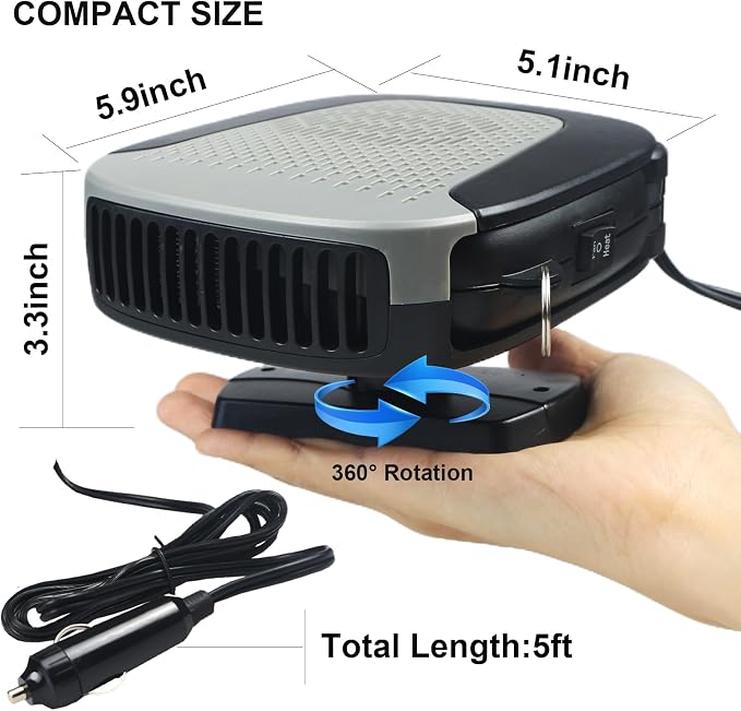 Car Heater With Handle,2IN1 Heating & Cooling, 12V 150W Portable Fast Heating Auto Windshield Defogger Defroster 360 Degree Rotary Automobile Windscreen Heater Plug into Cigarette Lighter