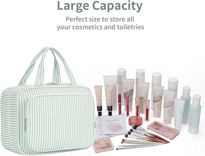 Striped Travel Toiletry Bag for Women Large Hanging Makeup Bag Organizer Toiletries Bag for Full Size Essentials Accessories Cosmetics (Mint Green Stripe (Large))