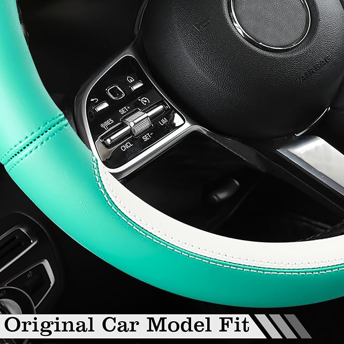 Car Leather Steering Wheel Cover - Panapi Material, Universal 14.5-15 Inch Leather Anti-Slip Breathable Auto Steering Wheel Covers for Men Women (Nappa Leather - Blue & White)