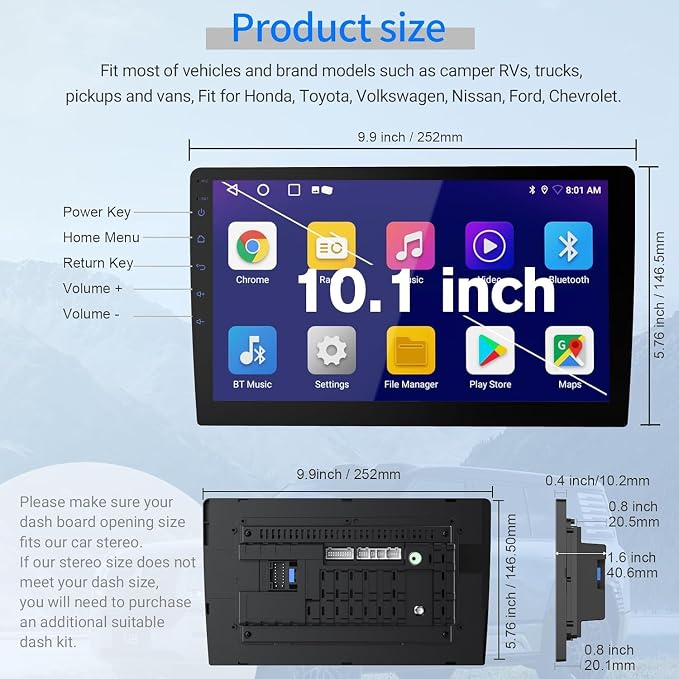 Double Din Android 13 Car Stereo Receiver - 10.1" Universal HD Touchscreen w/64GB, Built-in GPS & Backup Camera, Bluetooth 4.1, Supports CarPlay/MirrorLink (1990-2023 Vehicles)