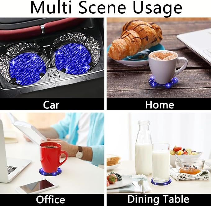 4pcs Bling Car Cup Holder Coaster, 2.75 inch Anti-Slip Shockproof Universal Fashion Car Coasters Insert Bling Crystal Rhinestone Automotive Interior Accessories for Women (Blue)