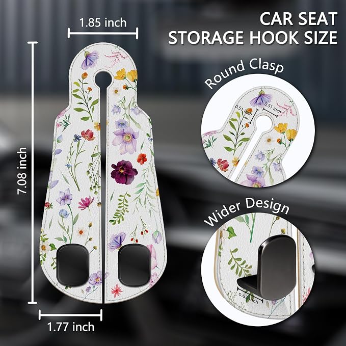 2PCS Car Seat Back Storage Headrest Hooks, Flowers Floral Purse Holder Bags Hanger, PU Leather Double Metal Hook for Backseat Organizer, Women Car Accessories Organization