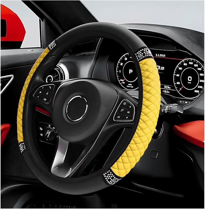 Bling Car Steering Wheel Cover, 15 Inch Sparkly Rhinestone Soft Leather Steering Wheel Protector, Non-Slip Universal Auto Elastic Steering Wheel Covers for Women Girls (Yellow)
