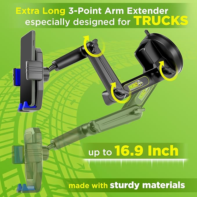 Cell Phone Mount for Truck Phone Holder for Truck Drivers - Heavy Duty Suction Cup + Dashboard Pad, iPhone Holder for Dashboard Window 16.9 inch Long, for iPhone & Samsung, Big Rig Trucker, Blue