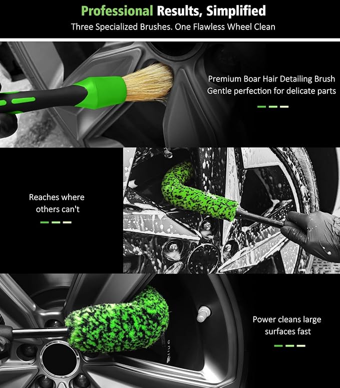 3PCS Quick Car Wheel Brush Kit, 2-Size 360° Bendale Rim Cleaner Brushes, Boars Hair Detailing Brush, Fast Scratch-Free Cleaning for Car Wheels, Motorcycle, Green