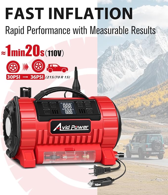 Tire Inflator Portable Air Compressor, 12V DC/110V AC Car Tire Pump with Inflation and Deflation, 5 Preset Modes, Digital LCD Gauge for Car Tires, Bike, and Air Mattress (Dark Red)