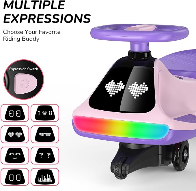 12V Electric Wiggle Car for Kids with Pedal, Display, Rechargeable Battery, LED Light, Bluetooth, Light-Up Wheels, Anti-Rollover, 2 Speeds, Ride on Toys, Birthday Gifts for Age 3+, 150Lbs