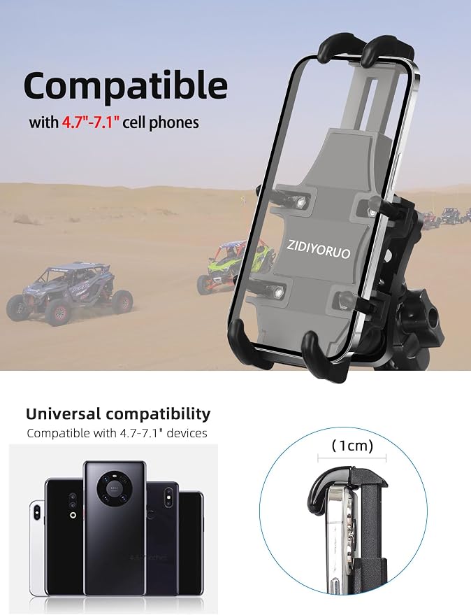 ZIDIYORUO Anti-Shake UTV Phone Mount Holder with Vibration Dampener | Heavy Duty Aluminum SXS Cell Phone Holder Fit for 1.75"-2" Roll Cage, Adjustable & Full Protection, Holds 4.7"-7.1" Phones