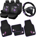 Universal Cloth Butterfly Car Seat Covers Full Set, Embroidered Flower Waterproof Car Floor Mats Carpet, Butterflies Steering Wheel Cover for Car Accessories Interior Sets (Black and Purple)
