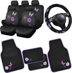 Universal Cloth Butterfly Car Seat Covers Full Set, Embroidered Flower Waterproof Car Floor Mats Carpet, Butterflies Steering Wheel Cover for Car Accessories Interior Sets (Black and Purple)