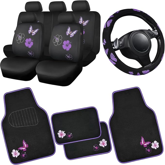 Universal Cloth Butterfly Car Seat Covers Full Set, Embroidered Flower Waterproof Car Floor Mats Carpet, Butterflies Steering Wheel Cover for Car Accessories Interior Sets (Black and Purple)