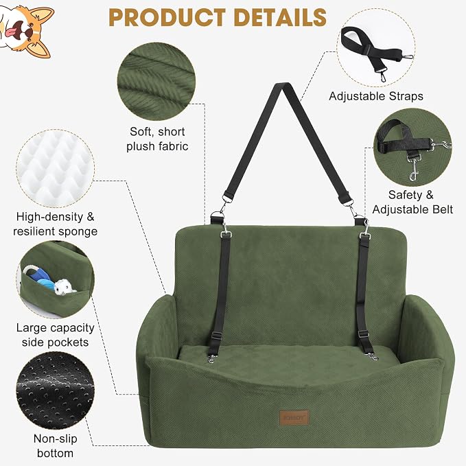 Dog Car Seat for Large Medium Sized Dogs Under 55 lbs, Dog Booster Seat for 2 Small Dogs with Detachable Washable Cover, Memory Foam Pet Car Seat with 2 Safety Belts and Storage Pockets