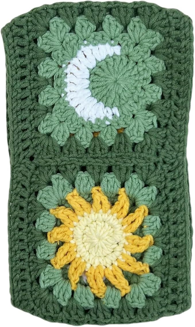 Handmade Crochet Green Moon and Sun Car Steering Wheel Covers Universal 14-15 inch for Women and Men (Steer Wheel Cover+ 2 Belt Cover)