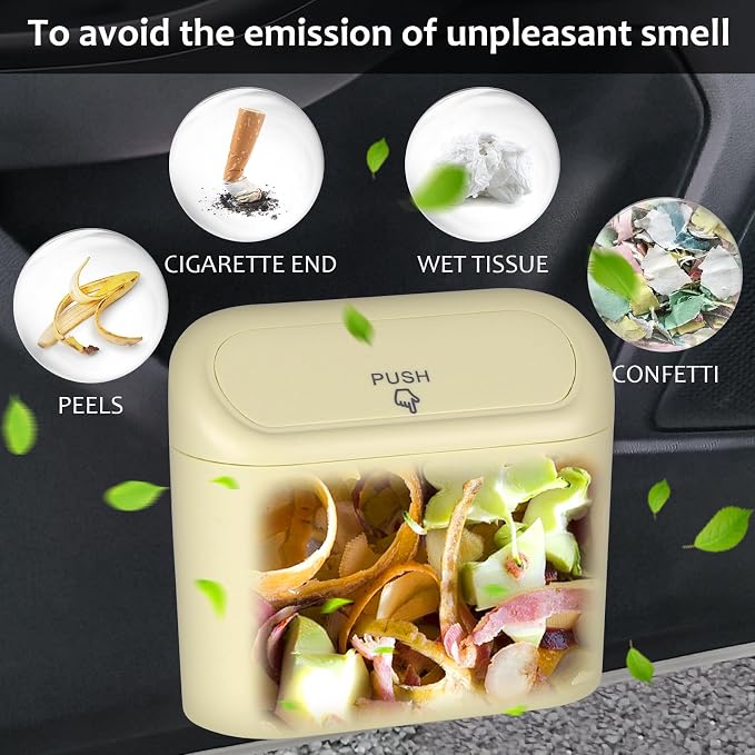 Car Trash Can, Portable Vehicle Trash Bin with Lid, Car Dustbin Garbage Organizer Holder with One Roll Trash Bag, Leakproof Hanging Mini Cars Storage Bag Container for Auto, SUV, Office (Beige)