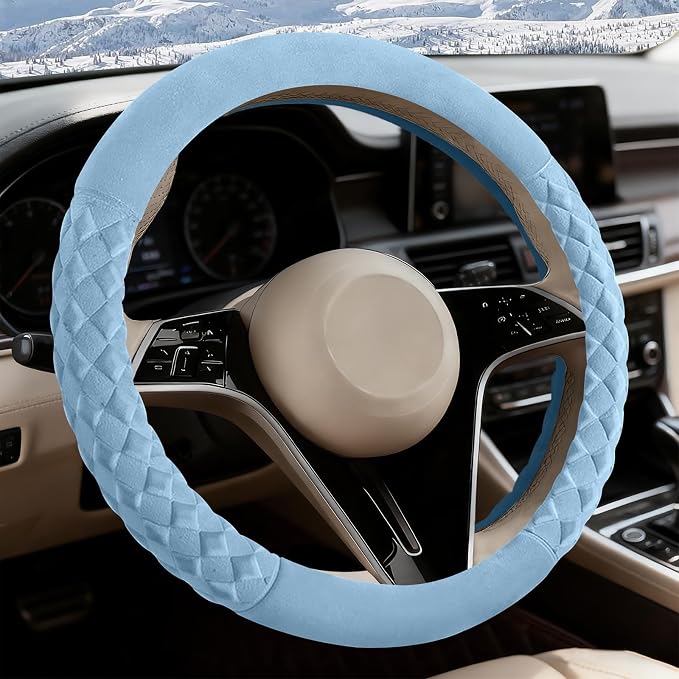 Sapphire Blue Diamond Patterned Plush Steering Wheel Cover, for Universal Auto Steering Wheel 14.5-15 in, Short Fluffy, Anti-Slip, Soft Plush, Comforting and Luxurious, Odorless, Soft Texture