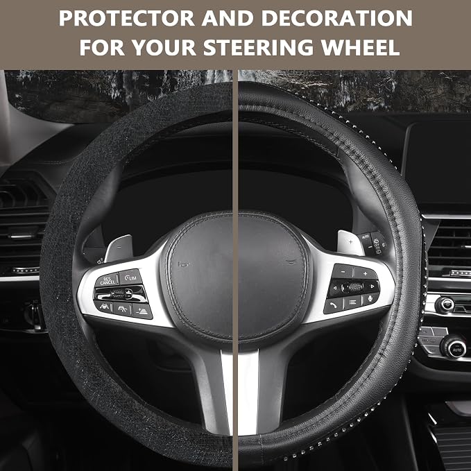 Bling Steering Wheel Cover - Crystal Studded Rhinestone Non-Slip Breathable Design for Women/Girls, Universal Fit 14.5-15 Inch Black