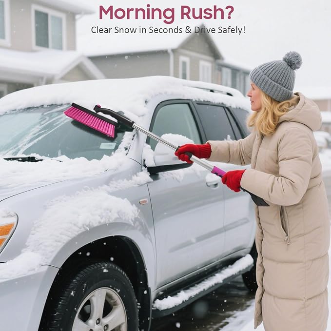 39in Car Snow Brush Ice Scraper 360° Rotating, Magenta Pink