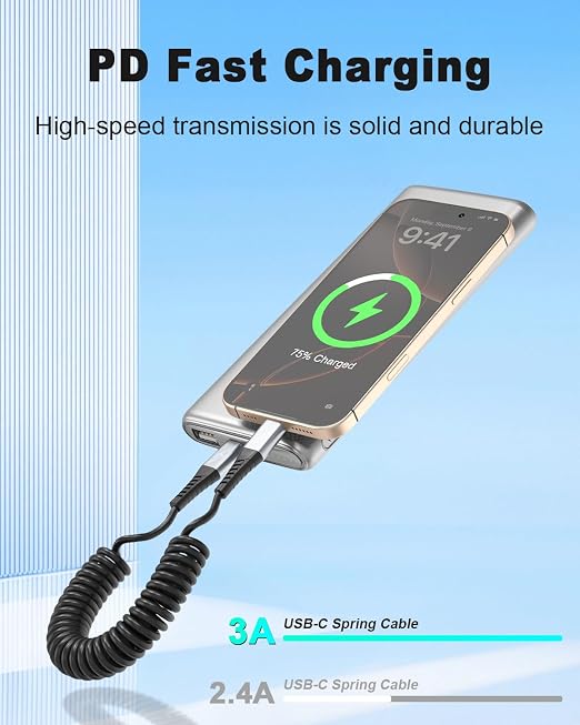 Coiled USB C to USB C Cable, 2 Pack Retractable USB Type C Charging Cable 60W USB C to C Coiled Cord for iPhone 16 15 Pro, Samsung Galaxy S25 S24 Ultra / A16, Moto G, Google Pixel, iPad Air 4