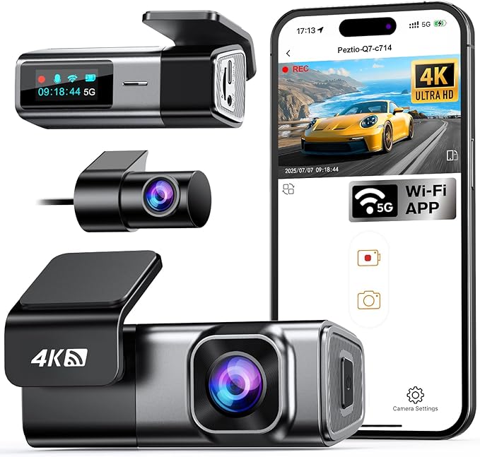 4K Dash Cam Front and Rear, Built-in 5G WiFi, Dash Camera for Cars 4K Front and 1080P Rear, Dashcams for Cars Loop Recording, Gravity Sensor, 24-Hours Parking Mode, SD Card NOT Included