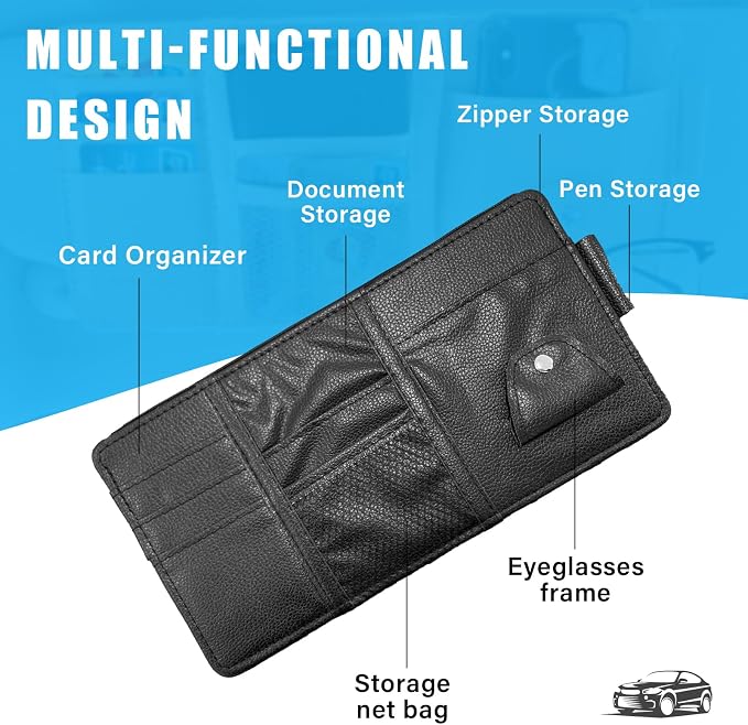 Car Sun Visor Organizer, Leather Personal Belonging Storage Pouch with Zipper, Car Visor Storage Pouch Sunglasses Holder, Auto Interior Accessories Pocket Organizers (Black)